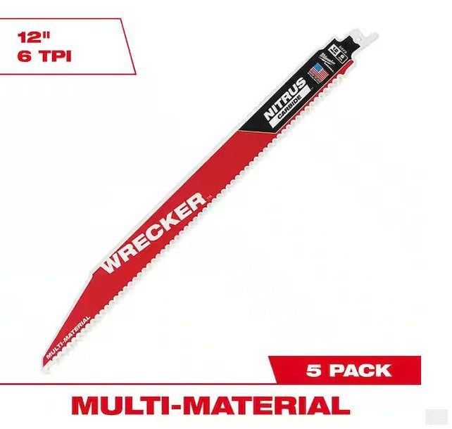 Milwaukee 12 in. 6 Teeth Per Inch WRECKER Nitrus Carbide Teeth Multi-Material Cutting SAWZALL Reciprocating Saw Blade (5-Pack) 48-00-5573