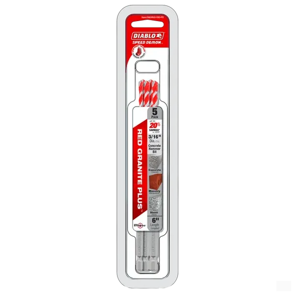 Diablo SPEEDemon Red Granite 3/16-Inch x 4-Inch x 6-Inch Carbide Tipped Hammer Drill Bit for Concrete/Masonry/Stone Drilling (5 Pack)