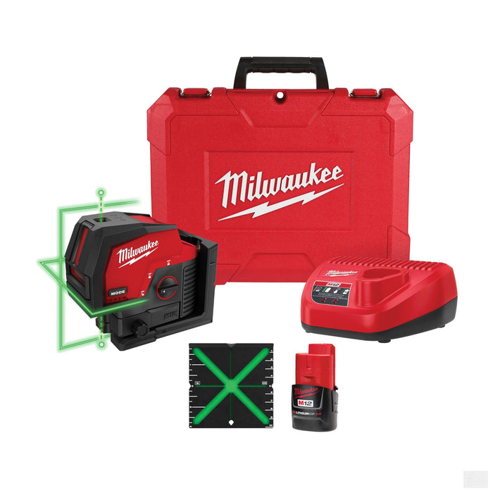 Milwaukee M12™ Green Cross Line & Plumb Points Laser Kit (3622-21)