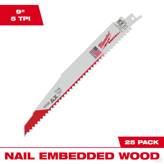 Milwaukee 9″ 5TPI AX Nail Embedded Wood Cutting SAWZALL Blades 25-Pack (48-00-8026)