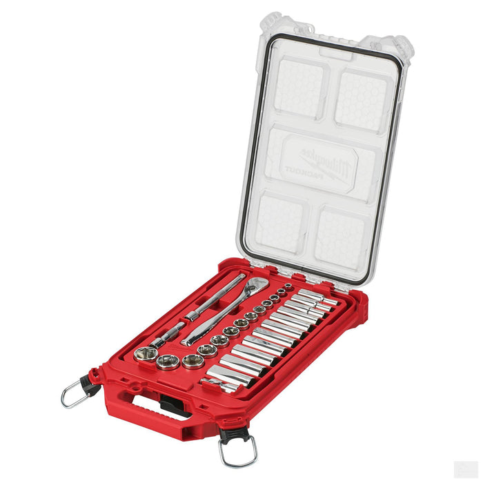 Milwaukee 3/8” Drive 28pc Ratchet & Socket Set with PACKOUT™ Low-Profile Compact Organizer - SAE 48-22-9481
