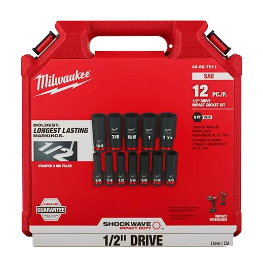 Milwaukee 12PC SHOCKWAVE Impact Duty 1/2in Drive SAE Deep 6 Point Socket Set 49-66-7011