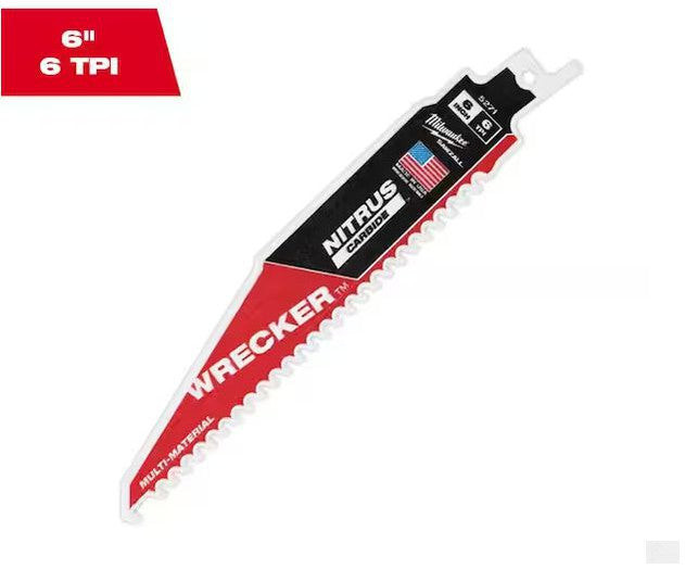 Milwaukee 6 in. 6 TPI WRECKER Nitrus Carbide Teeth Multi-Material Cutting SAWZALL Reciprocating Saw Blade (1-Pack) 48-00-5271