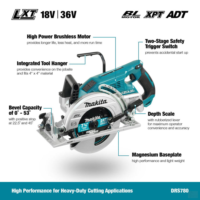 Makita 36V(18Vx2) LXT Brushless 7-1/4" Circular Saw, 5.0Ah x2 (DRS780PT2X)