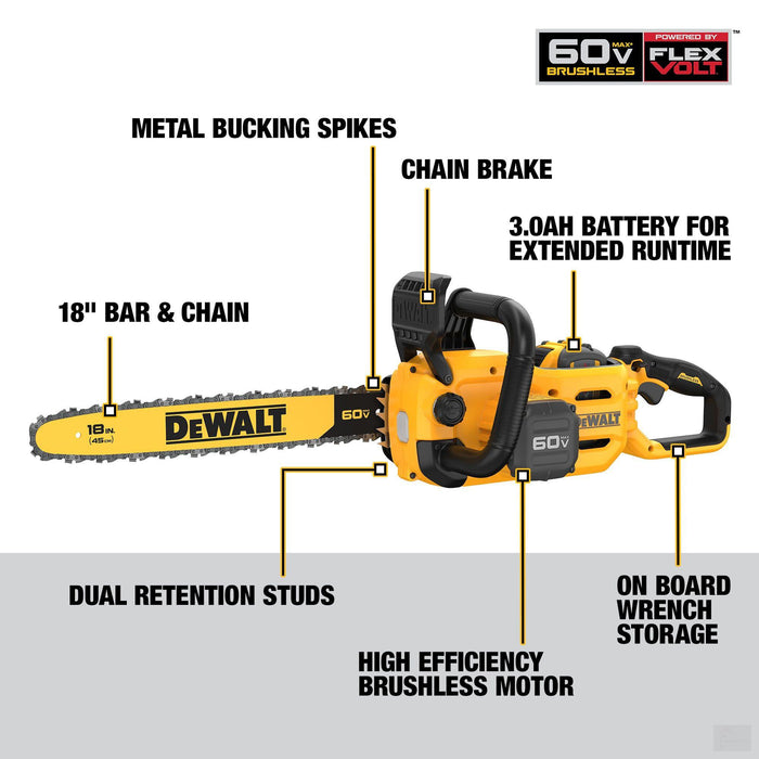 Dewalt 60V MAX* 18 in. 3.0Ah Brushless Cordless Chainsaw (DCCS672X1)