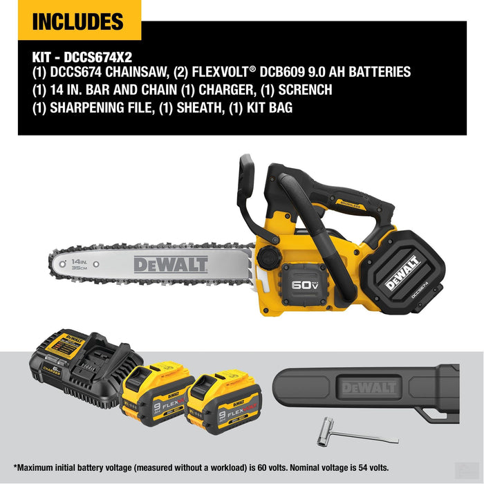Dewalt 60V MAX* 14 in. Brushless Cordless Top Handle Chainsaw Kit (DCCS674X2-CA)