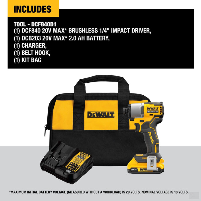 Dewalt 20V MAX* Brushless Cordless 1/4 in Impact Driver Kit (DCf840D1)