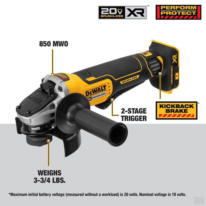 Dewalt 20V MAX XR Lithium-Ion Cordless Brushless 4-1/2-inch Paddle Switch Small Angle Grinder with Kickback Brake (Tool-Only) {DCG413B}