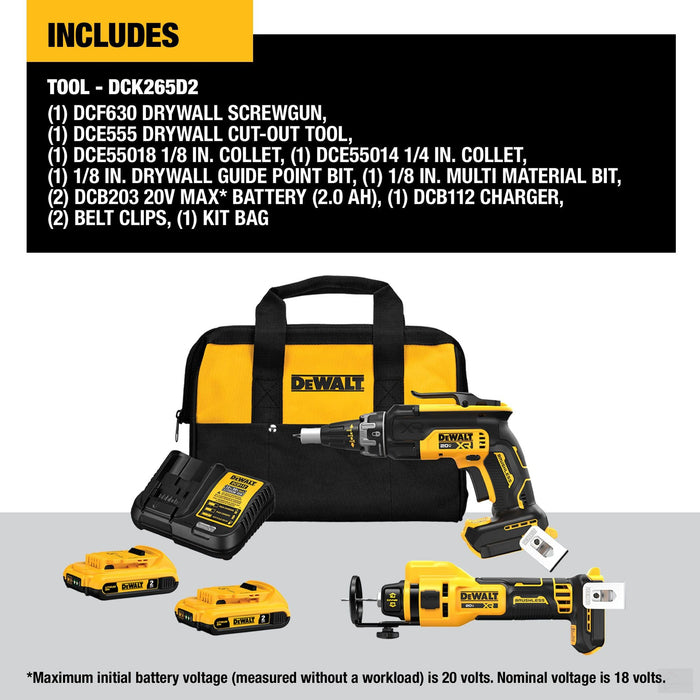 Dewalt 20V MAX XR Brushless Drywall Screwgun and Cut-Out Tool Combo Kit (2.0Ah)[DCK265D2]