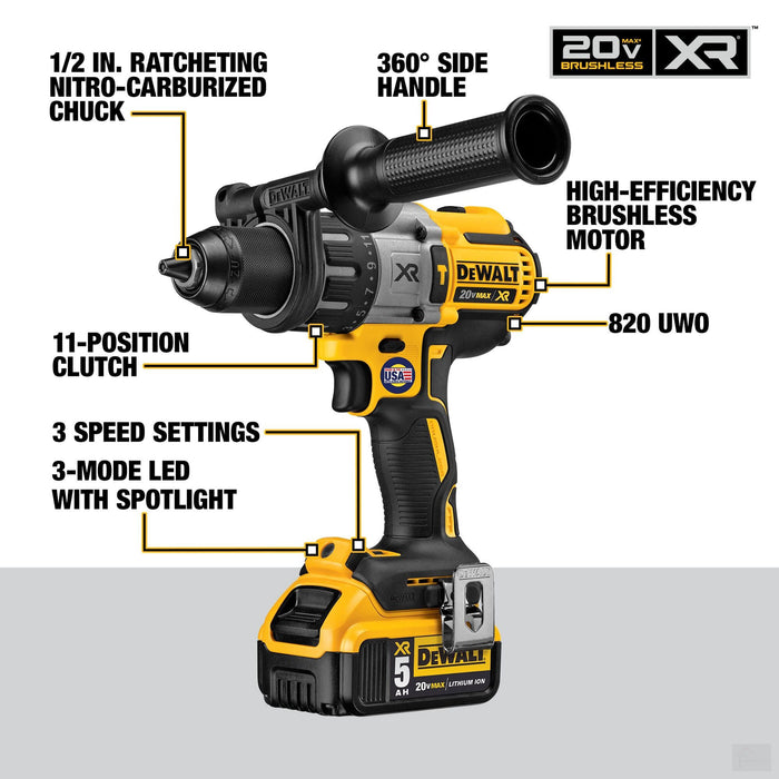 DEWALT 20V MAX XR Lithium-Ion Cordless Brushless Combo Kit (4-Tool) with (2) 5Ah Batteries, Charger and Bag (DCK494P2)