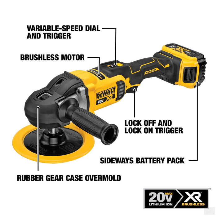Dewalt 20V MAX* XR® 7 in. Cordless Variable-Speed Rotary Polisher Kit (DCM849P2)