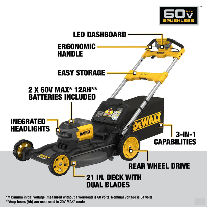 Dewalt 60V MAX* 21 in. Cordless Brushless RWD Self-Propelled Mower Kit (DCMWSP700Y2-CA)