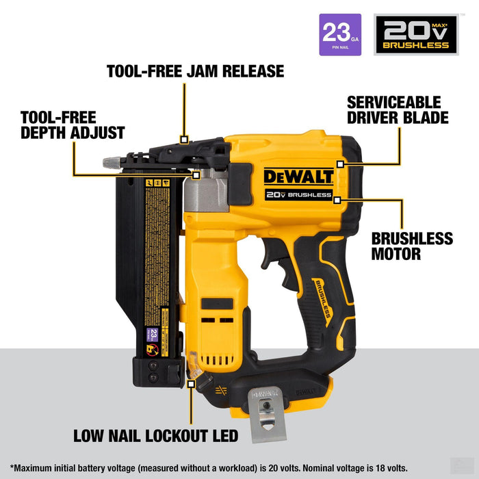 Dewalt ATOMIC COMPACT SERIES™ 20V MAX* Brushless Cordless 23 Ga. Pin Nailer (Tool Only) {DCN623B}