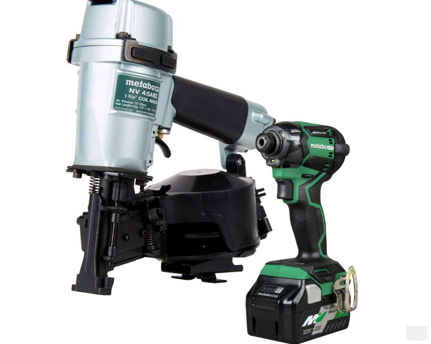 FREE IMPACT,Metabo HPT Pro Bundle 1-3/4 Inch Coil Roofing Nailer with BONUS Impact Driver Kit KNV45AB2