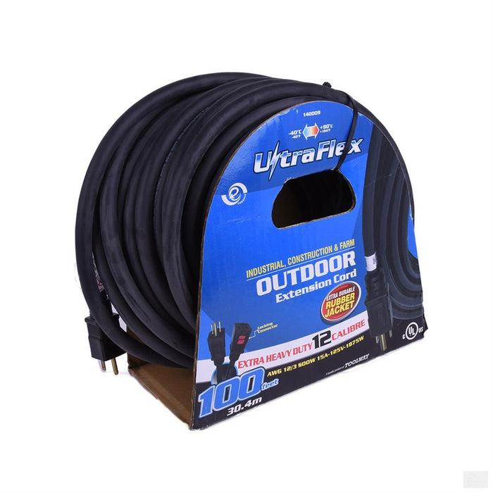 TOOLWAY Extension Cord Outdoor SEOOW 12/3 Single Tap Black Rubber 100ft [140009]