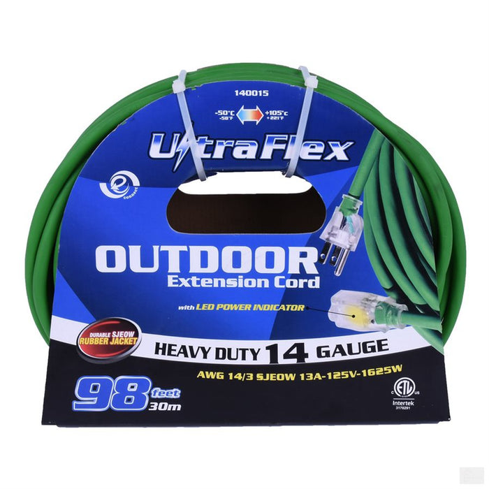 TOOLWAY Extension Cord Outdoor SJEOW 14/3 Lighted Single Tap Green 100ft [140015]