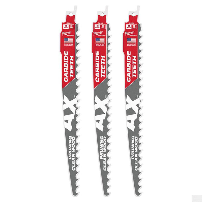 MILWAUKEE 9" 3 TPI The AX™ with Carbide Teeth for Pruning & Clean Wood SAWZALL® Blade 3PK [48-00-5332]