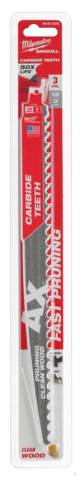 MILWAUKEE 12" 3 TPI The AX™ with Carbide Teeth for Pruning & Clean Wood SAWZALL® Blade 3PK [48-00-5333]