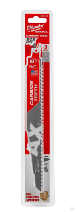 MILWAUKEE 9 in. 5 TPI The Ax™ Carbide Teeth SAWZALL® Blades 3PK [48-00-5326]