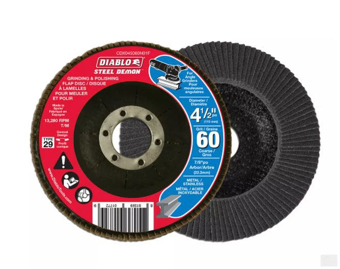 DIABLO Steel Demon 4 1/2-inch Type 29 Coarse Finish 60 Grit Grinder Flap Disc for Metal Grinding/Polishing [CDX045060N01F]