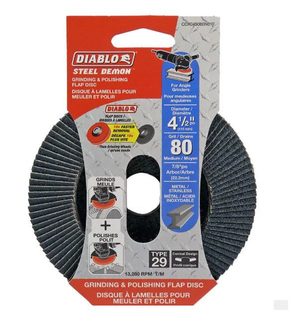 DIABLO Steel Demon 4 1/2-inch Type 29 Medium Finish 80 Grit Grinder Flap Disc for Metal Grinding/Polishing [CDX045080N01F]